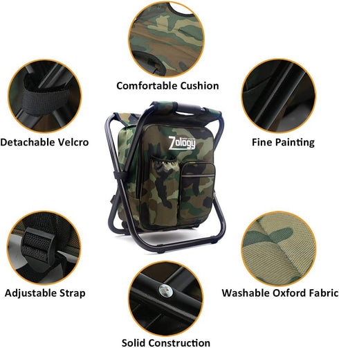 Folding Camping Chair Stool Backpack with Cooler Insulated Picnic Bag for Outdoor Fishing and Hunting