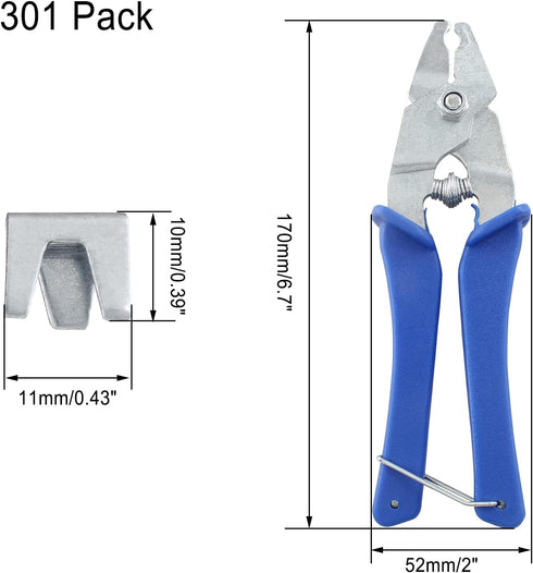 300 Pcs Silver Wire Cage Clips with 1 Pcs Blue Wire Cage Buckle Clips Pliers, Cage Fasten Clips with Cage Pliers Crimper Tool for Chicken Pet Dog Cat Cage Building