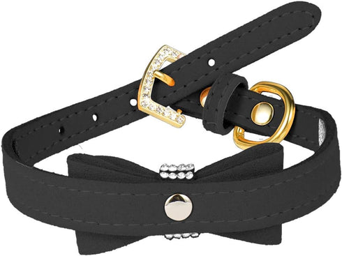 LOVPE Crystal Dog Collar - Velvet Leather with Bow-Knot Tie Rhinestone for Small Dogs & Cats (Black, S)