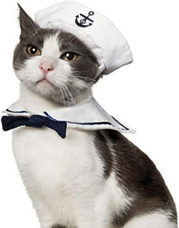 NAMSAN Pet Sailor Costume for Cats & Small Dogs - Cat Halloween Costumes, Navy Outfit with Hat