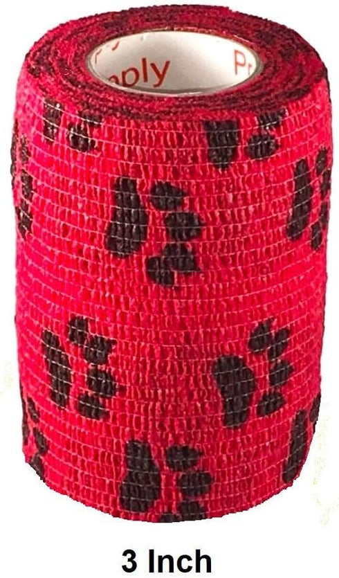 Vet Wrap Tape (Red with Paws) (2 Pack) (4 Inch x 15 feet) Self Adhesive Cohesive Flex Bandage for Pets