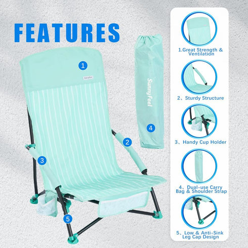 Backpack SUNNYFEEL Portable Low Beach Chair - Lightweight High Back Beach Chair with Cup Holder, Folding Sand Chair