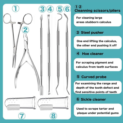 8 Pcs Dog Tartar Remover Tools, Cat Plaque Off Calculus Remover, Stainless Steel Dental Care for Dogs and Cats.