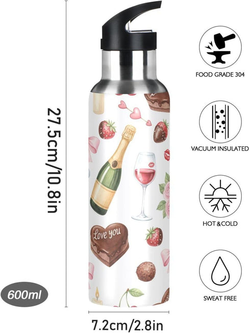 Wassud 22 oz Water Bottle Red Wine and Roses Stainless Steel Sport Water Bottle with Straw Insulated Water Bottles