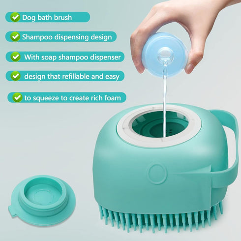 Pet Dog Bath Brush, Gentle Soap Dispenser for Massaging Bath Grooming, Soft Silicone (Blue)