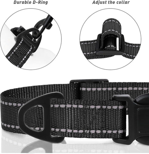 TagME Dog Collars - Adjustable Reflective Nylon Pet Collar with Quick Release Buckle for Medium Dogs, Black, 1.0" Width