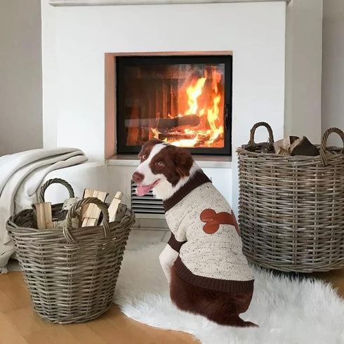BINGPET Turtle Neck Knitted Dog Sweater for Small Medium Large Dogs with Brown Bone Pattern, Winter Wear