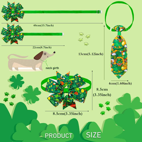 32pcs St. Patrick's Day Dog Collar Bows Ties, Adjustable Holiday Green Basic Dog Collars, Bulk Clover Lucky Pattern