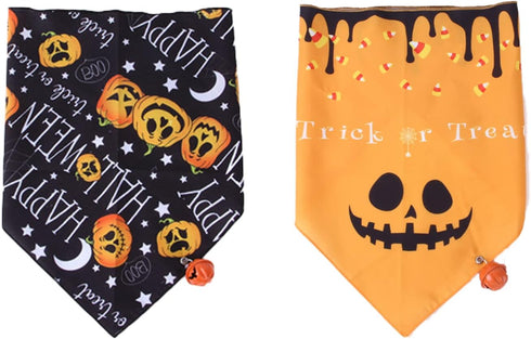 2 Pack Halloween Dog Bandanas with Bell, Pet Holiday Pumpkin Ghost Themed Pattern Triangle Bibs Dog Fall Scarf Accessories Premium Durable Fabric Washable Cotton Pet Neckerchief for Cats Dogs Costume