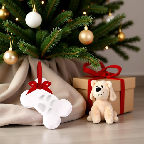 Kate & Milo Christmas Pet Paw Print Bone Ornament, Holiday Decor, Pawprint Clay Impression Kit, White