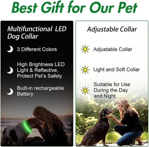 YFbrite Ultra Light Adjustable LED Dog Collar, Rechargeable Glowing in The Dark for Small, Medium, Large Dogs (Green,
