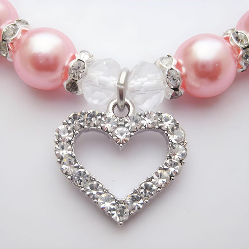 Engraved Crystal Heart Dog Necklace Jewelry - Bling Pearls Rhinestones Charm for Pets, Small Dogs, Girl Teacup