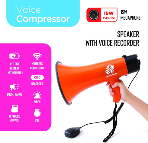 15W 200-sec 1093Yards Bullhorn Megaphone with Siren & Volume Control/Recorder - Waterproof Reliable and Consistent