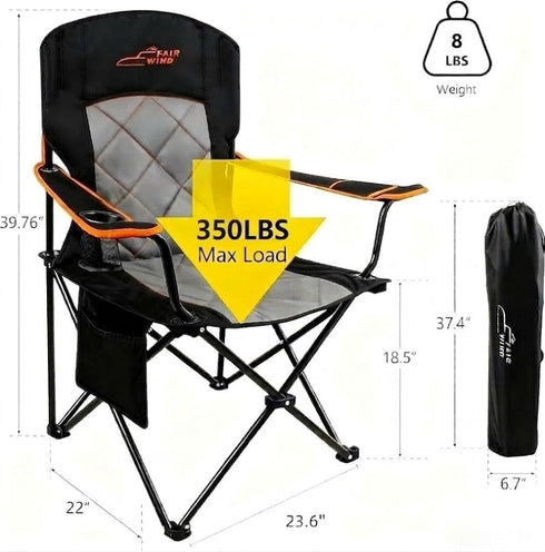350 LBS FAIR WIND Oversized Fully Padded Camping Chair, Heavy Duty Quad Fold Chair Arm Chair Support with Cup Holder
