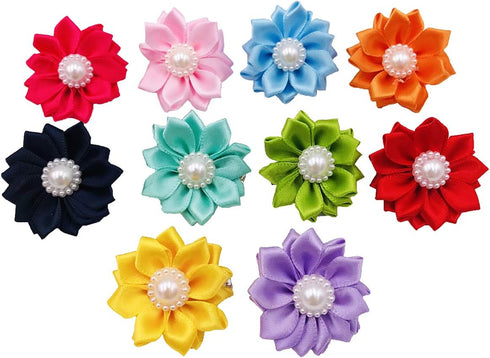PET SHOW 10 Pairs Flower Small Dogs Hair Bows - 10 Colors with French Barrette Hair Clips