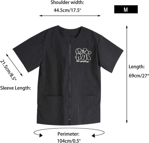 Noverlife M Size Short Sleeves Pet Grooming Work Clothes, Splash Proof Anti-Static Smock with Full Zipper for Dog Cat