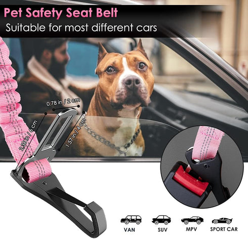 SlowTon Adjustable Dog Seat Belt, 2 in 1 Safety Leash with Elastic Nylon Bungee Buffer, Reflective Tether (Pink)