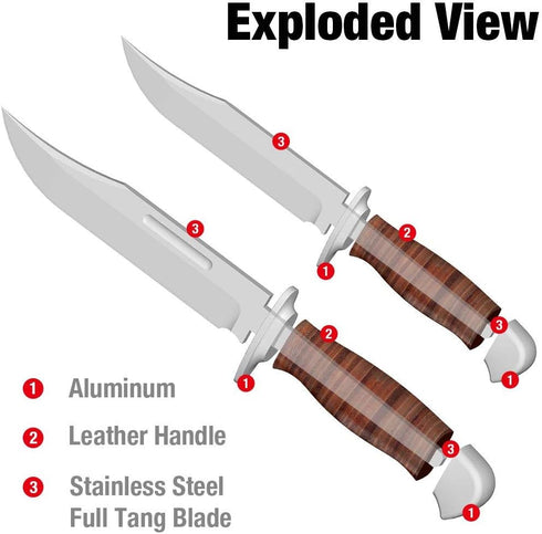 Mossy Oak 2-piece Bowie Knife, Fixed Blade Hunting Knife with Leather Handle, Sheath Included