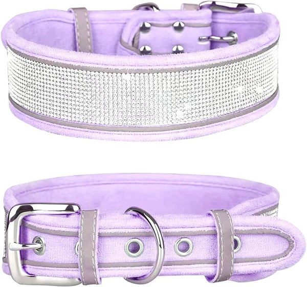 Rhinestone Dog Collar, Dazzling Sparkling Soft Suede Reflective Collar for Medium & Large Dogs (S:12-15", Purple)