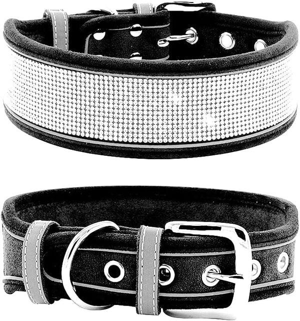 Rhinestone Dog Collar, Dazzling Sparkling Soft Suede Reflective Collar for Medium & Large Dogs (M:15-19", Black)