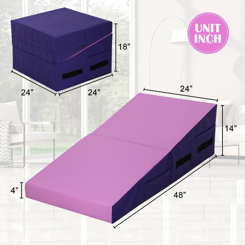 Folding Incline Gymnastics Mat for Tumbling, Folding Tumbling Mats Cheese Wedge Incline Mat with Non-Slip PU Leather