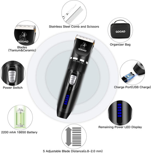 Dog Clippers Grooming Kit, Cordless, Low Noise, Rechargeable, Pet Hair Clippers for Thick Coats, Black