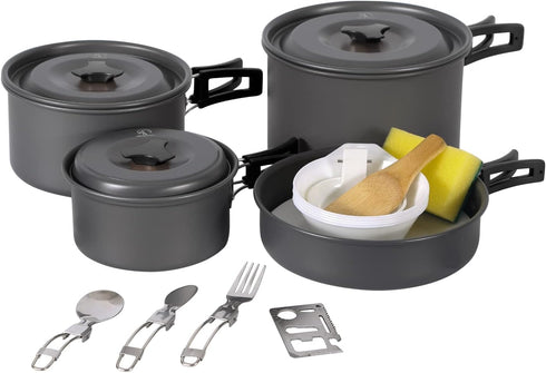 REDCAMP Camping Cookware Mess Kit, 11/12/17/22 PCS, 800ml Backpacking Pot and Pan Set