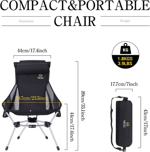 Backpacking 2 Nice C Ultralight High Back Folding Camping Chair, Collapsible Chair, Compact & Heavy Duty Outdoor