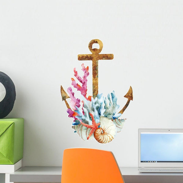 Wallmonkeys Watercolor Coral Anchor Wall Decal, Peel and Stick Decals for Girls, 18 in H x 18 in W