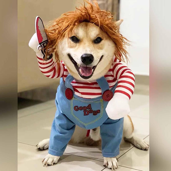 Dog Deadly Doll Costume, Pet Halloween Chucky Cosplay Accessories with Wig & Knife for Puppy, Cat, L Size (F)