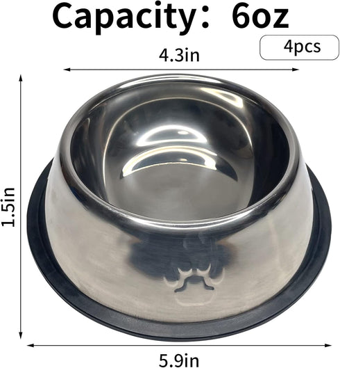 Fhiny 4PCS Stainless Steel Cat Bowls, Non-Slip Water Dish with Rubber Base, Stackable Pet Feeding Bowl for Cats