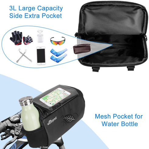 WOTOW Bike Waterproof Handlebar Bag with Touch Screen Phone Holder, Reflective Storage Pouch, 3L for Cycling