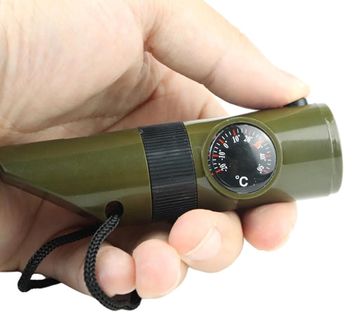 Multifunctional 7 in 1 Camping Hiking Outdoor Whistle with Compasses, Magnifier, LED Flashlight, Thermometer