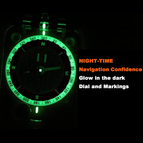 Pro Hiking Compass, Waterproof Survival Gear with Glow-in-The-Dark Feature and Mirror Sighting for Orienteering