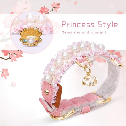 PetsHome Premium PU Leather Cat and Dog Collar, Adjustable, Cute Pearl, Beautiful Lace, Small Pink