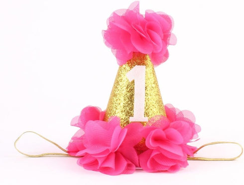 Stock Show 1st Pet Birthday Cone Hat for Dogs Cats, Holiday Party Hat with Flowers Accessories and Adjustable Headband