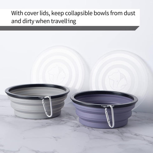 SLSON Dog Bowls Pet Collapsible Bowl with Cover Lids,2 Pack Dog Travel Bowls Portable Foldable Cat Water Dish Bowl for Pets Walking Parking Camping (Taro Purple and Concrete Gray, Large)