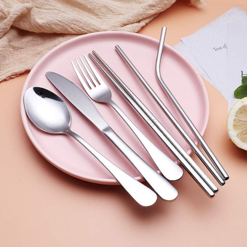 Portable Stainless Steel Flatware Set, Travel Camping Cutlery Set, Portable Utensil Travel Silverware Dinnerware Set with a Waterproof Case (Silver) by Topbooc