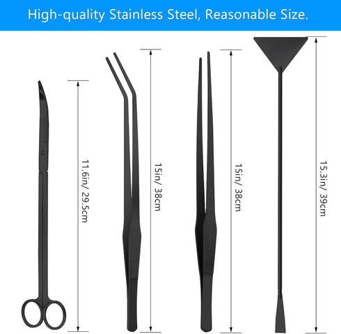 15in Aquarium Aquascape Tools Kit, 4 in 1 Stainless Steel Aquatic Plant Tool Set (Black)
