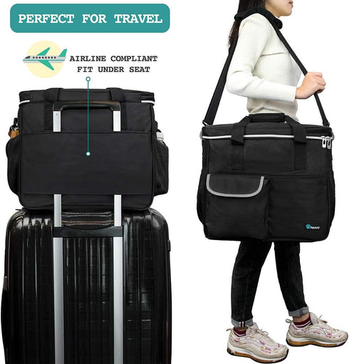 PetAmi Dog Travel Bag - Organizer with Food Container, Bowls & Accessories for Weekend Camping, Cat Diaper Bag (Black