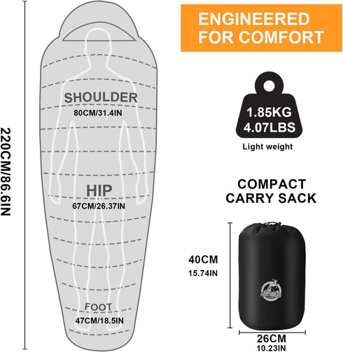 Mummy Sleeping Bag 14-59 ?, 3-4 Season Warm & Cool Weather Lightweight Washable for Outdoor Camping Hiking Travel