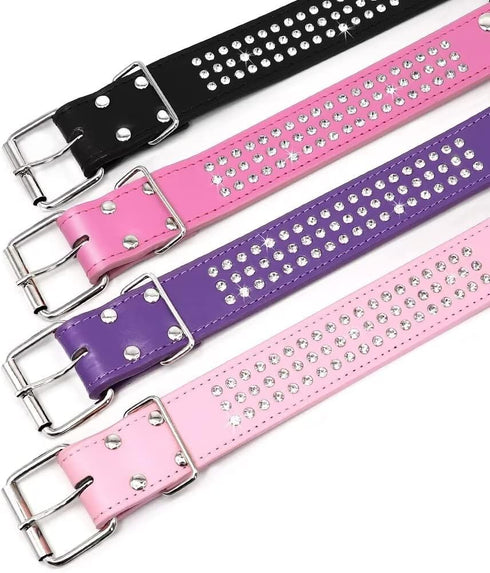 Rhinestones Dog Collar - 1.5" Width Leather with Sparkly Crystal Diamonds - 17"-20", Purple