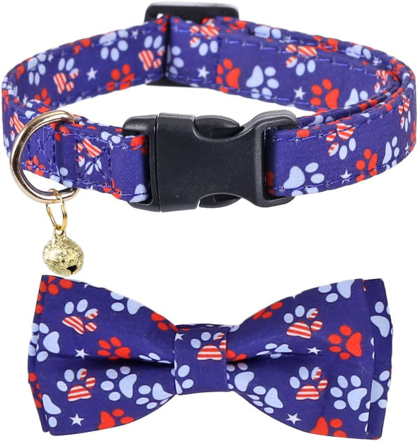 American Flag Dog Collar with Removable Bow Tie - Adjustable Patriotic 4th of July Pet Collar for Small Dogs