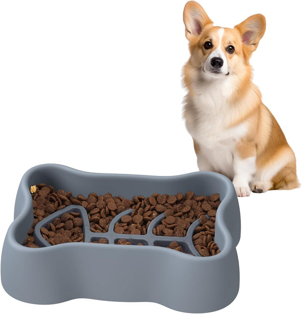Slow Feeder Dog Bowl, Prevent Overeating with 35 Strong Suction Cups, Grey, for Medium and Small Breeds