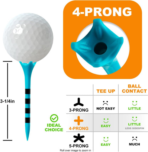Low Friction & Resistance 4 Prongs Plastic Golf Tees, 100 Pack (2-3/4" / 3-1/4")