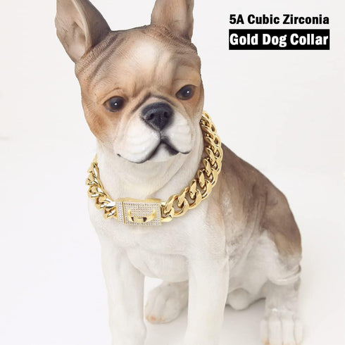 New Gold Dog Chain Collar with Secure Buckle - 15MM Stainless Steel Cuban Link - Luxury Necklace for Small Medium &