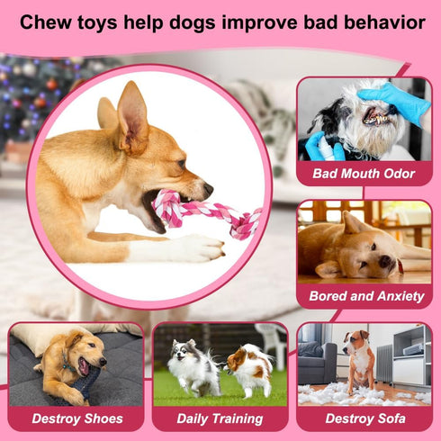 Dog Rope Toys - 3 Knots Chew Rope Toy for Medium and Small Dogs, Natural Cotton for Tug of War and Teeth Cleaning (Pink)
