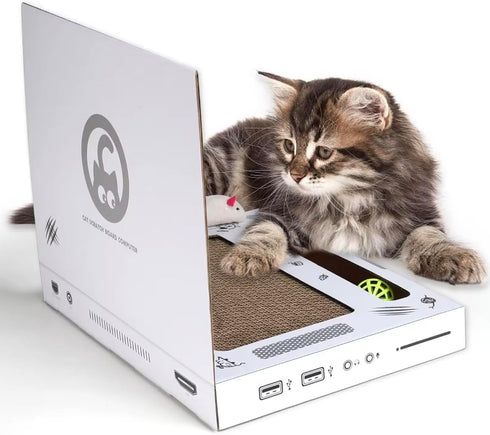 Cardboard Scratching Laptop for Cats - 3-in-1 Durable Corrugated Cat Scratcher with Toy Plush Fluffy Mouse & Bell Ball