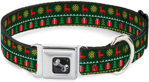 Christmas Sweater Stitch Dog Collar Seatbelt Buckle - Green White Gold Red, 1.5 Inch Wide, 13 to 18 Inches