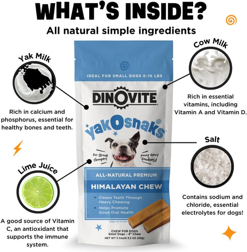 Dinovite YakoSnaks, Himalayan Yak Chews for Dogs, Long Lasting Low Odor Chews, Small Dogs
